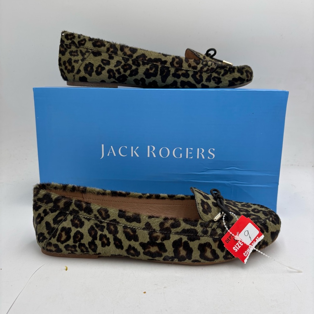 NIB Jack Rogers Women’s 9 Millie Bow Calf Hair Green Leopard Cat Print Moccasins